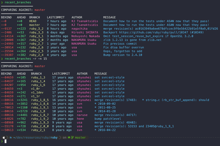 Screenshot showing example output of the recent branches git script